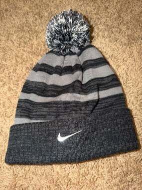 Nike Youth Knit Striped Pom Beanie Hat Grey/Black
